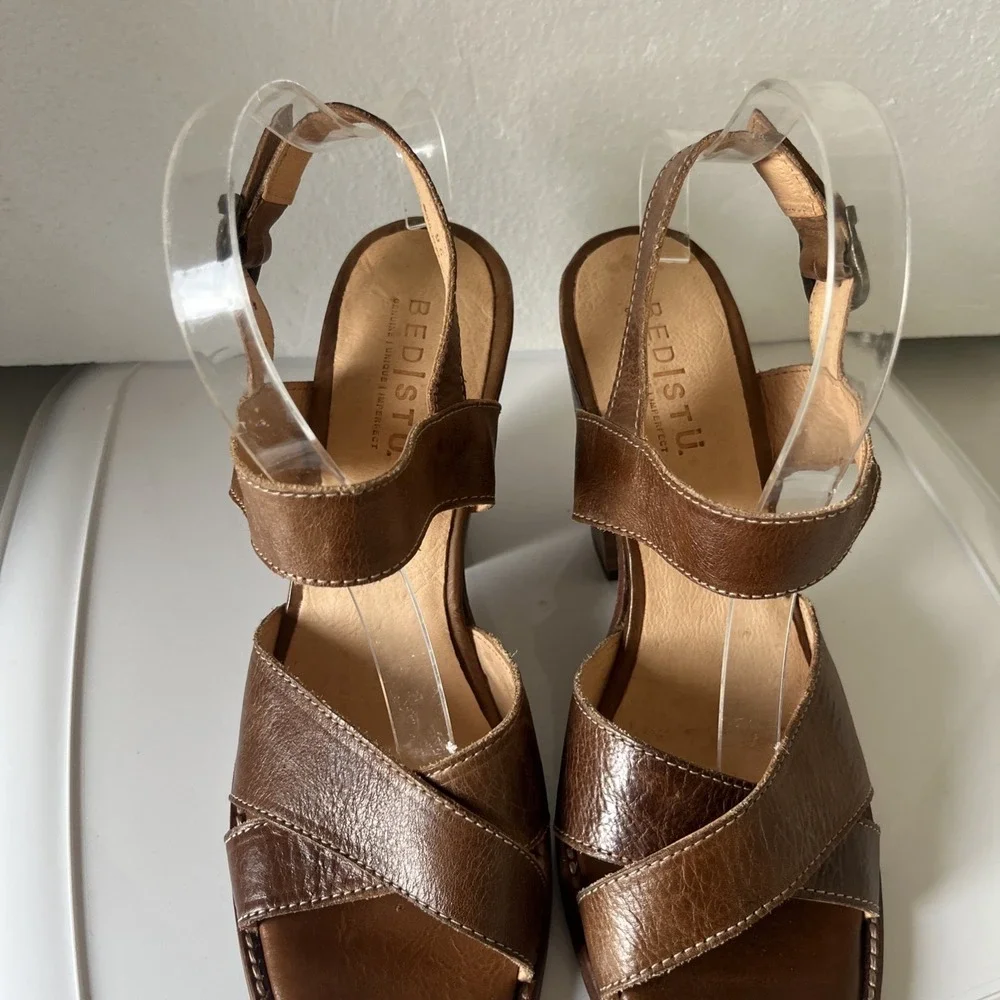 BED STU  Inez Block Heel Strap Leather  Tan  Strap Sandal 9.5 Boho Minimalist - Picture 3 of 13